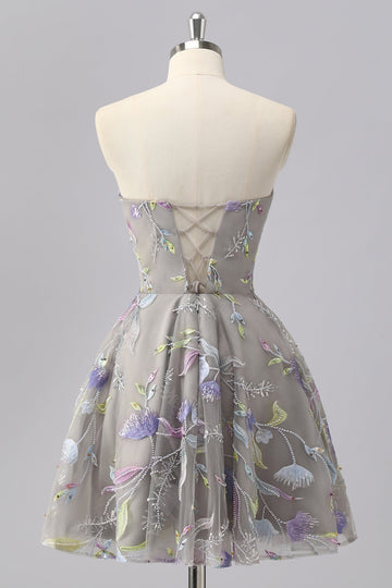 Grey A Line Strapless Floral Mini Homecoming Dress with Embroidery